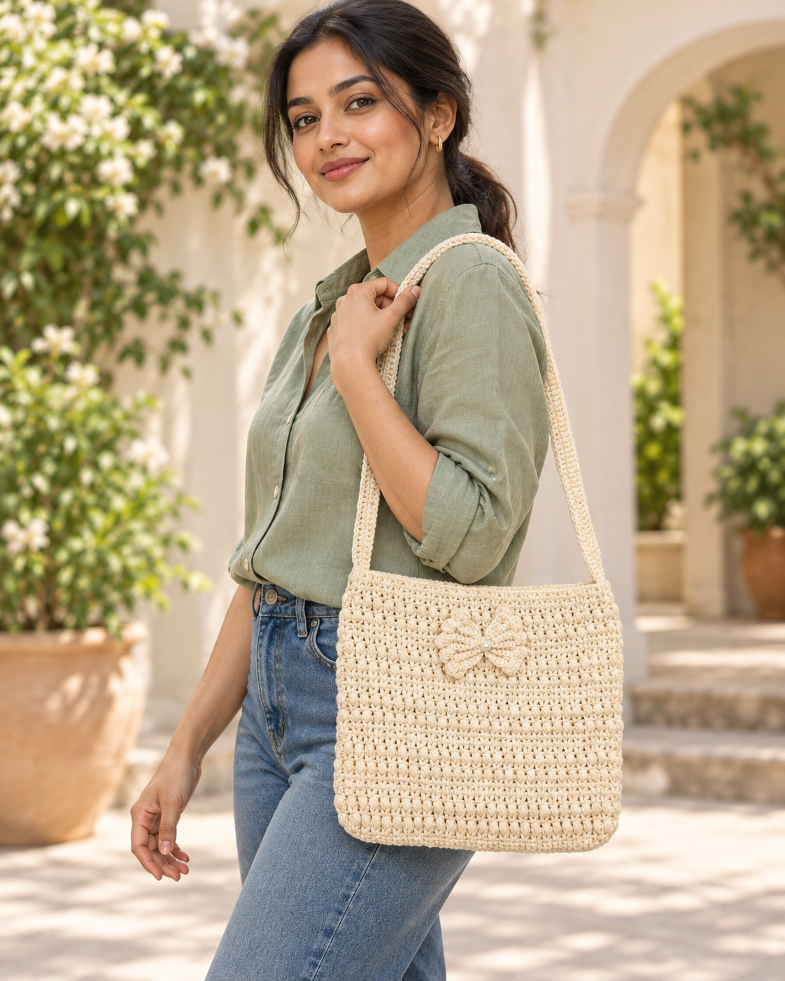 Ivory Crochet Bag in Sunlit Courtyard
